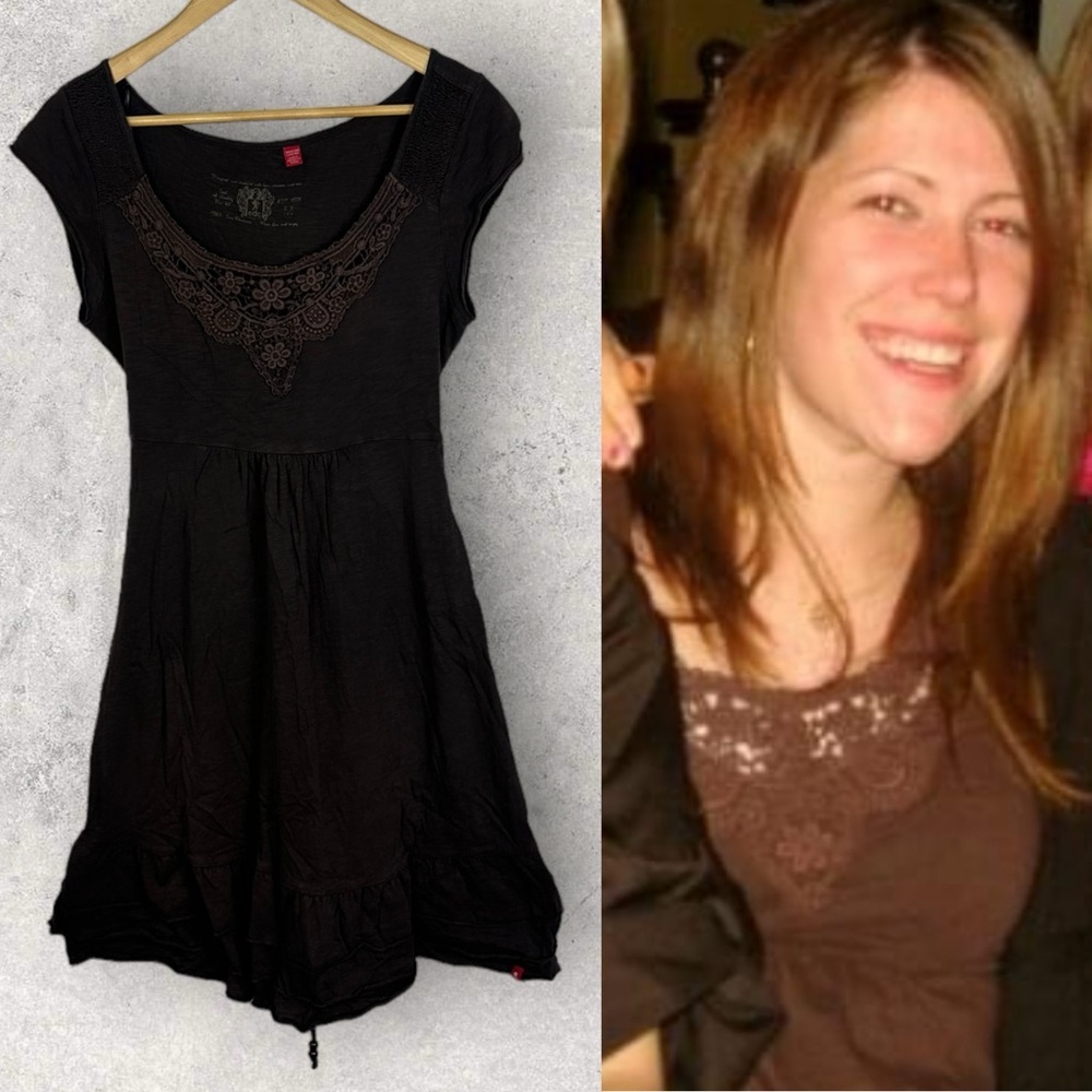 Vintage EDC by Esprit Brown Crochet Bohemian Dress Tie Back Size Medium‎ Boho M